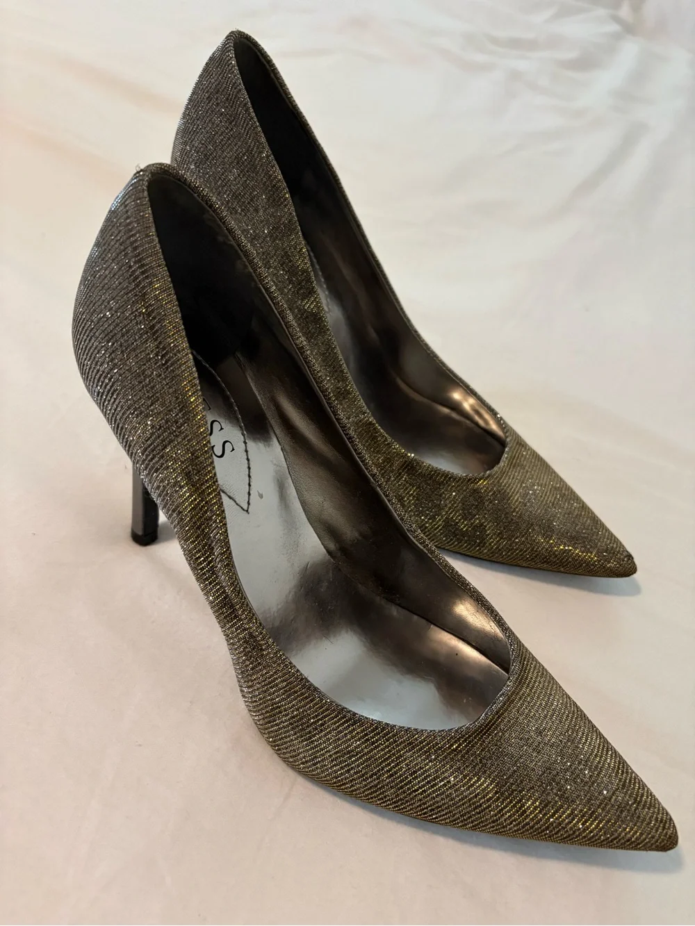 Guess Pointed Toe Glitter Pumps in Metallic Gold and Charcoal with Leopard Spots